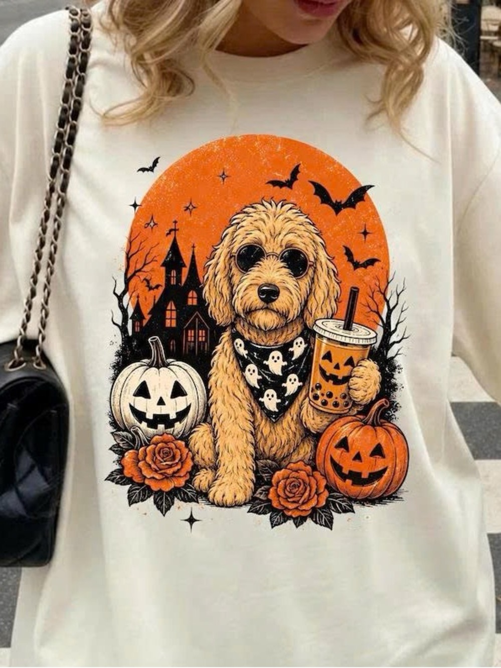 Halloween Dog Graphic Tee - Cream with Orange Pumpkin Design